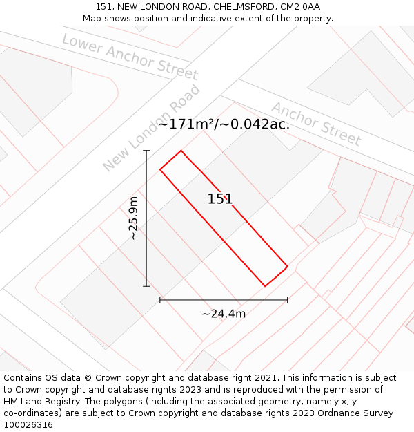 151, NEW LONDON ROAD, CHELMSFORD, CM2 0AA: Plot and title map