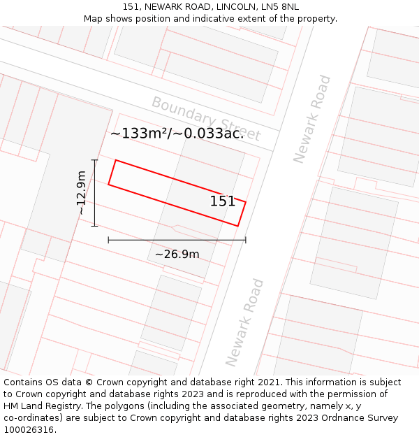 151, NEWARK ROAD, LINCOLN, LN5 8NL: Plot and title map