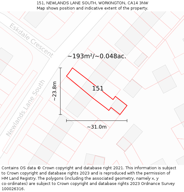 151, NEWLANDS LANE SOUTH, WORKINGTON, CA14 3NW: Plot and title map