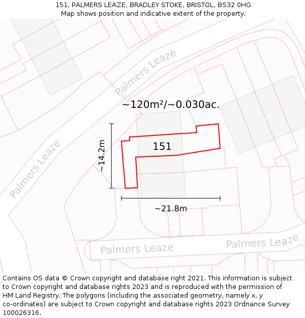 151, PALMERS LEAZE, BRADLEY STOKE, BRISTOL, BS32 0HG: Plot and title map