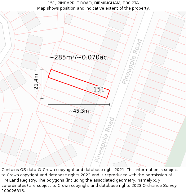 151, PINEAPPLE ROAD, BIRMINGHAM, B30 2TA: Plot and title map