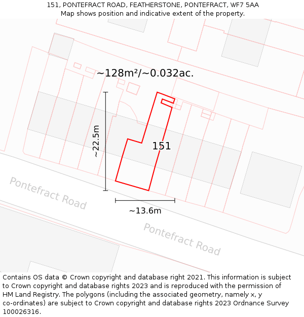 151, PONTEFRACT ROAD, FEATHERSTONE, PONTEFRACT, WF7 5AA: Plot and title map