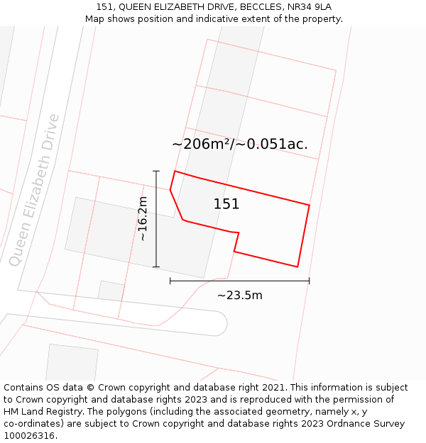 151, QUEEN ELIZABETH DRIVE, BECCLES, NR34 9LA: Plot and title map