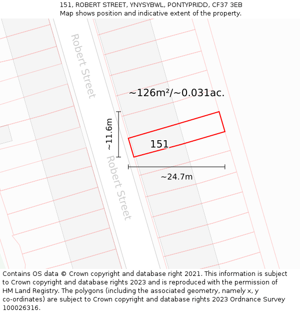 151, ROBERT STREET, YNYSYBWL, PONTYPRIDD, CF37 3EB: Plot and title map