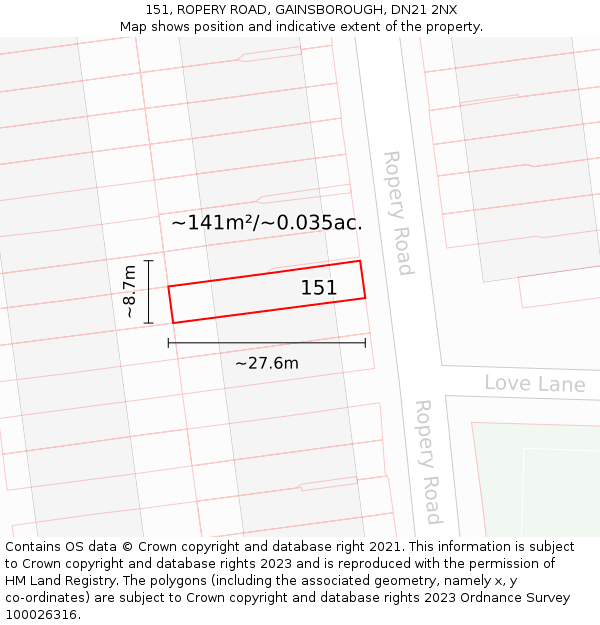 151, ROPERY ROAD, GAINSBOROUGH, DN21 2NX: Plot and title map