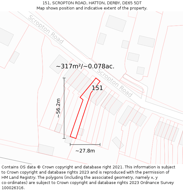151, SCROPTON ROAD, HATTON, DERBY, DE65 5DT: Plot and title map