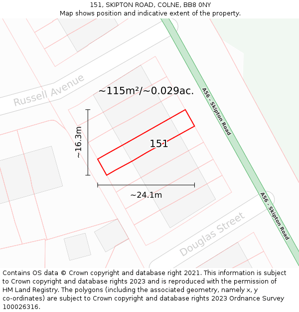 151, SKIPTON ROAD, COLNE, BB8 0NY: Plot and title map