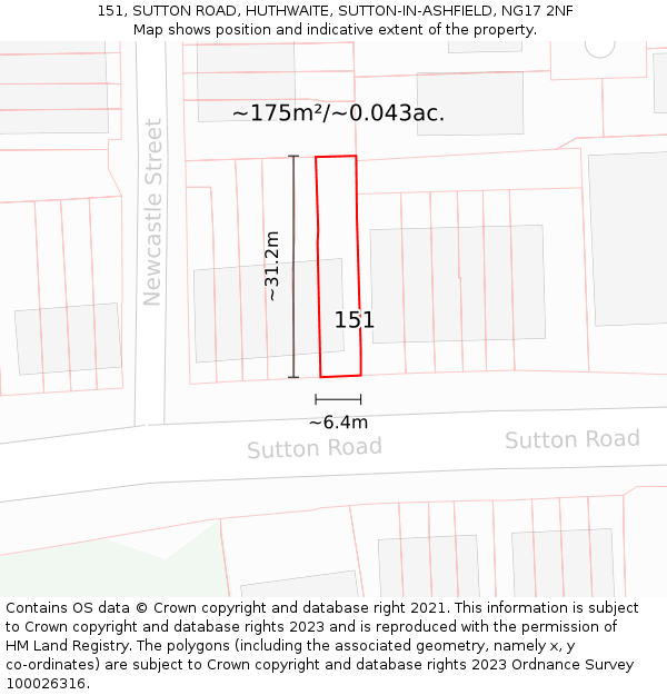 151, SUTTON ROAD, HUTHWAITE, SUTTON-IN-ASHFIELD, NG17 2NF: Plot and title map