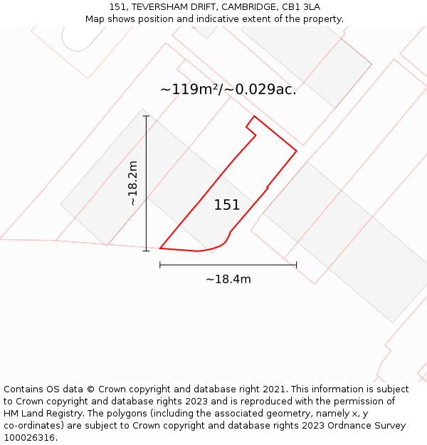151, TEVERSHAM DRIFT, CAMBRIDGE, CB1 3LA: Plot and title map