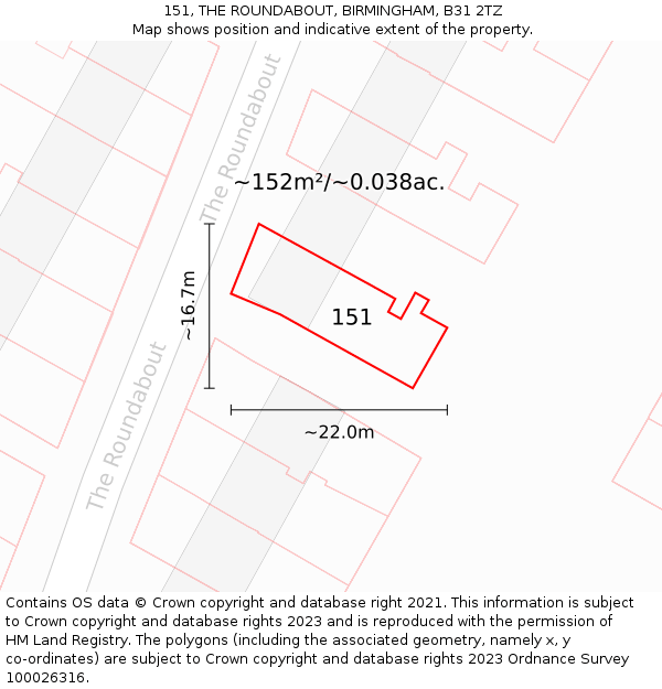 151, THE ROUNDABOUT, BIRMINGHAM, B31 2TZ: Plot and title map
