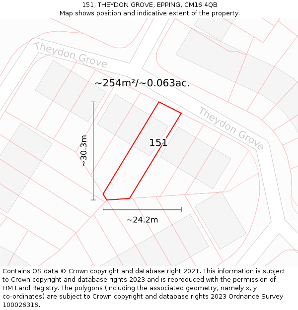 151, THEYDON GROVE, EPPING, CM16 4QB: Plot and title map