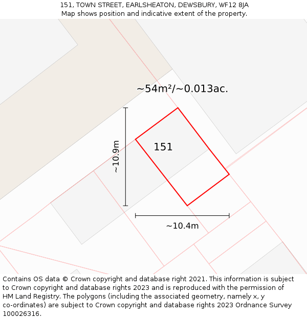 151, TOWN STREET, EARLSHEATON, DEWSBURY, WF12 8JA: Plot and title map