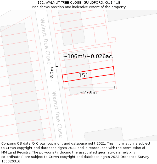 151, WALNUT TREE CLOSE, GUILDFORD, GU1 4UB: Plot and title map