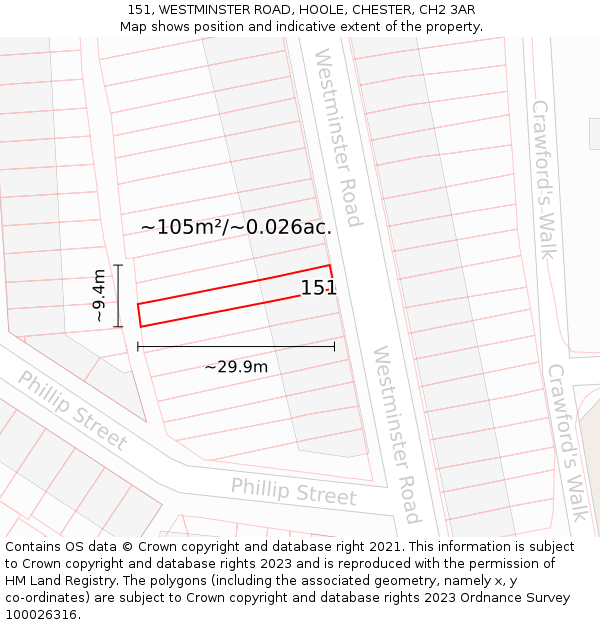 151, WESTMINSTER ROAD, HOOLE, CHESTER, CH2 3AR: Plot and title map
