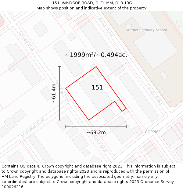 151, WINDSOR ROAD, OLDHAM, OL8 1RG: Plot and title map