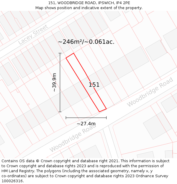 151, WOODBRIDGE ROAD, IPSWICH, IP4 2PE: Plot and title map