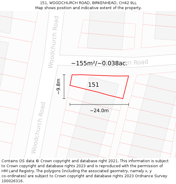151, WOODCHURCH ROAD, BIRKENHEAD, CH42 9LL: Plot and title map