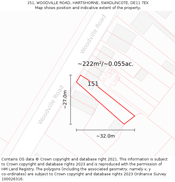 151, WOODVILLE ROAD, HARTSHORNE, SWADLINCOTE, DE11 7EX: Plot and title map