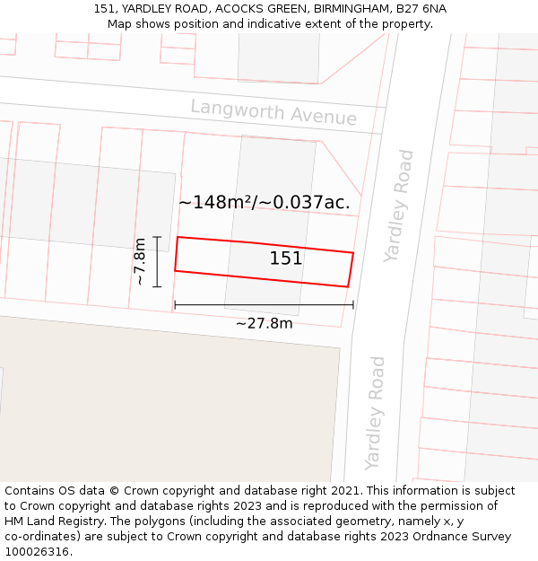151, YARDLEY ROAD, ACOCKS GREEN, BIRMINGHAM, B27 6NA: Plot and title map