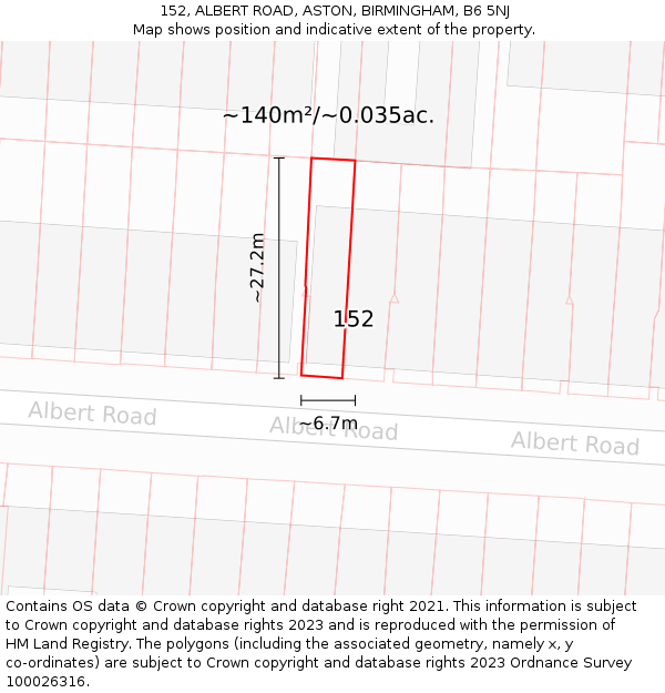 152, ALBERT ROAD, ASTON, BIRMINGHAM, B6 5NJ: Plot and title map