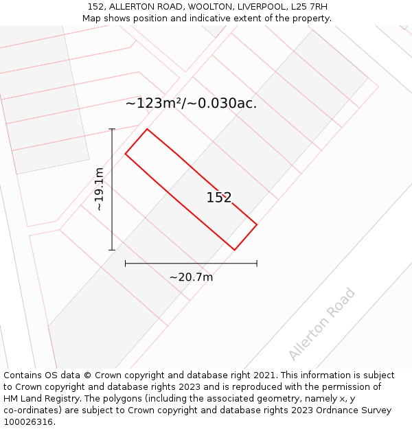 152, ALLERTON ROAD, WOOLTON, LIVERPOOL, L25 7RH: Plot and title map