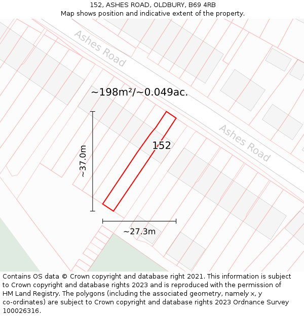152, ASHES ROAD, OLDBURY, B69 4RB: Plot and title map