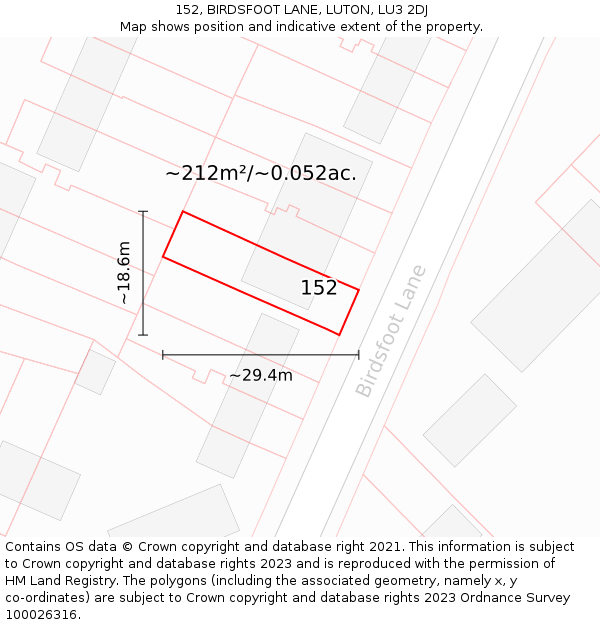 152, BIRDSFOOT LANE, LUTON, LU3 2DJ: Plot and title map