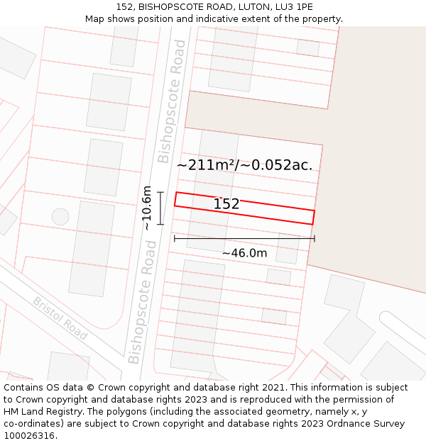 152, BISHOPSCOTE ROAD, LUTON, LU3 1PE: Plot and title map