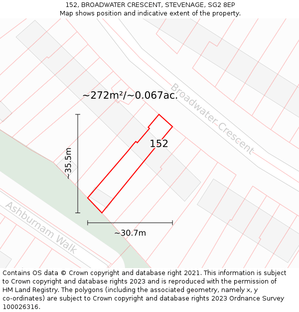 152, BROADWATER CRESCENT, STEVENAGE, SG2 8EP: Plot and title map