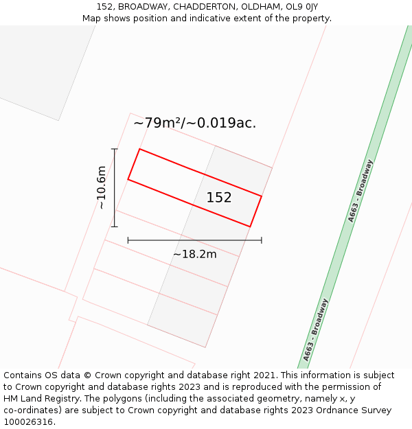 152, BROADWAY, CHADDERTON, OLDHAM, OL9 0JY: Plot and title map