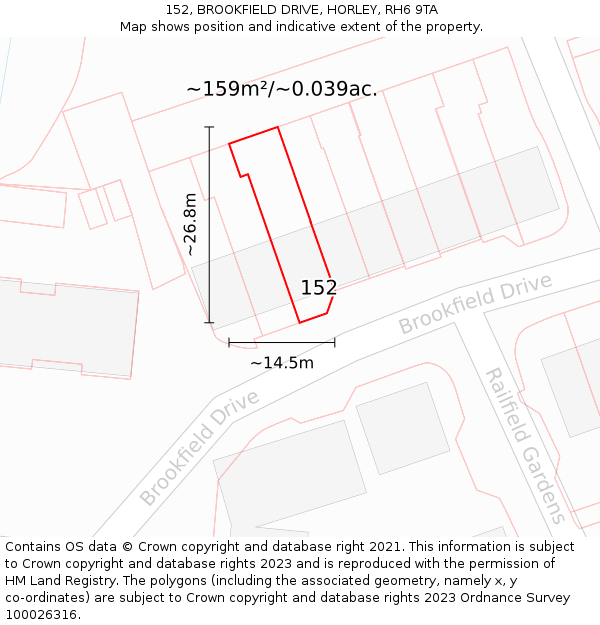 152, BROOKFIELD DRIVE, HORLEY, RH6 9TA: Plot and title map