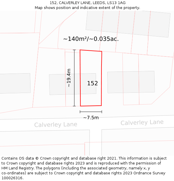 152, CALVERLEY LANE, LEEDS, LS13 1AG: Plot and title map