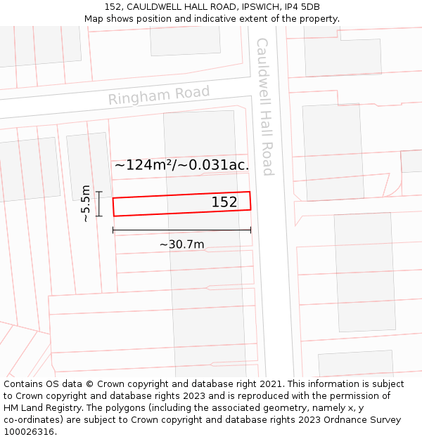 152, CAULDWELL HALL ROAD, IPSWICH, IP4 5DB: Plot and title map