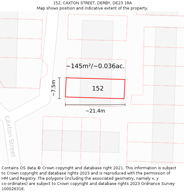 152, CAXTON STREET, DERBY, DE23 1RA: Plot and title map