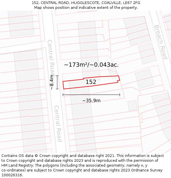 152, CENTRAL ROAD, HUGGLESCOTE, COALVILLE, LE67 2FG: Plot and title map