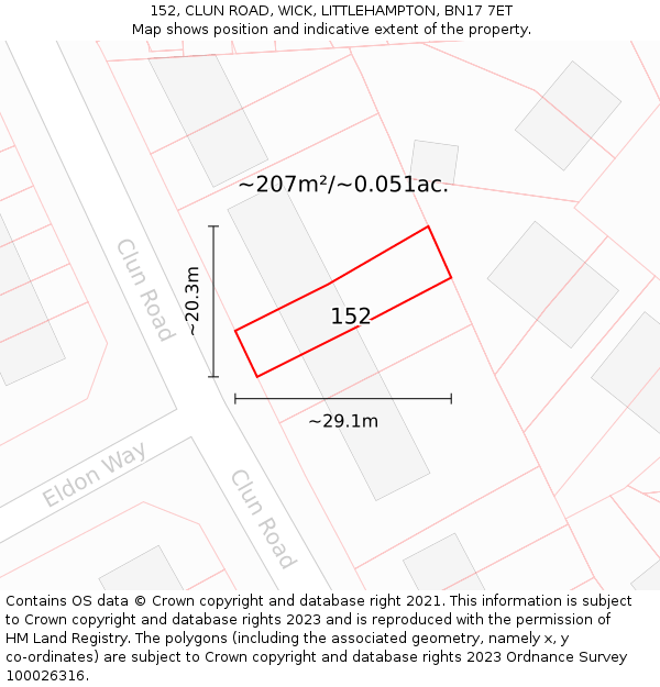 152, CLUN ROAD, WICK, LITTLEHAMPTON, BN17 7ET: Plot and title map