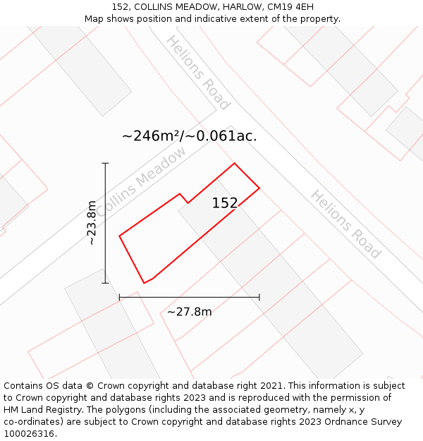 152, COLLINS MEADOW, HARLOW, CM19 4EH: Plot and title map