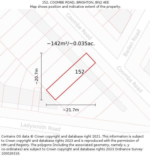 152, COOMBE ROAD, BRIGHTON, BN2 4EE: Plot and title map