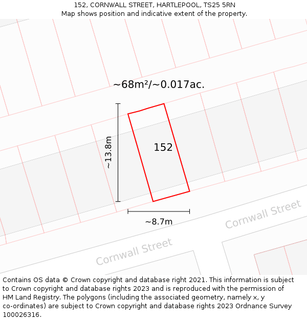 152, CORNWALL STREET, HARTLEPOOL, TS25 5RN: Plot and title map
