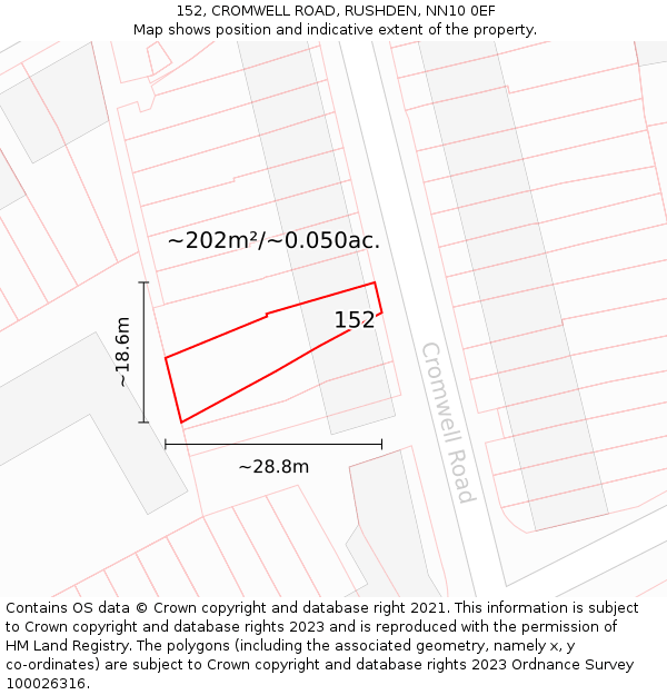 152, CROMWELL ROAD, RUSHDEN, NN10 0EF: Plot and title map