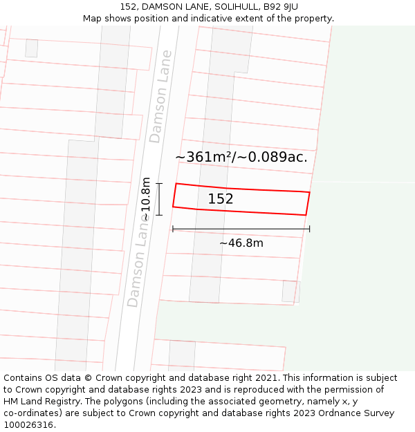 152, DAMSON LANE, SOLIHULL, B92 9JU: Plot and title map