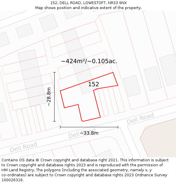 152, DELL ROAD, LOWESTOFT, NR33 9NX: Plot and title map