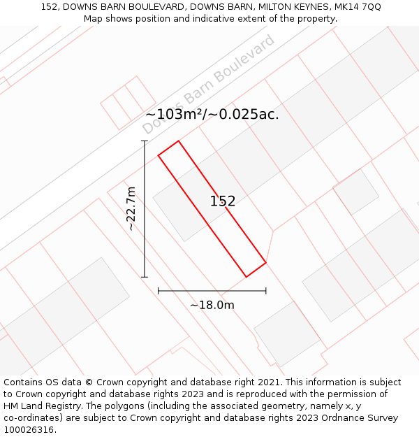 152, DOWNS BARN BOULEVARD, DOWNS BARN, MILTON KEYNES, MK14 7QQ: Plot and title map