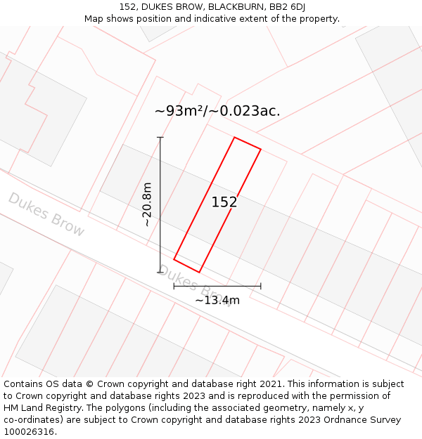 152, DUKES BROW, BLACKBURN, BB2 6DJ: Plot and title map