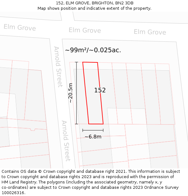 152, ELM GROVE, BRIGHTON, BN2 3DB: Plot and title map