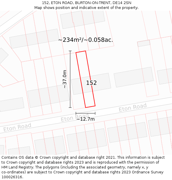 152, ETON ROAD, BURTON-ON-TRENT, DE14 2SN: Plot and title map
