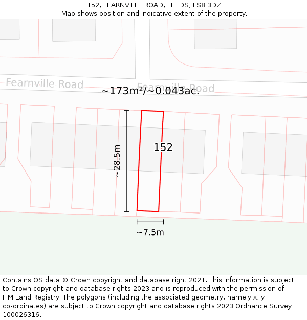 152, FEARNVILLE ROAD, LEEDS, LS8 3DZ: Plot and title map