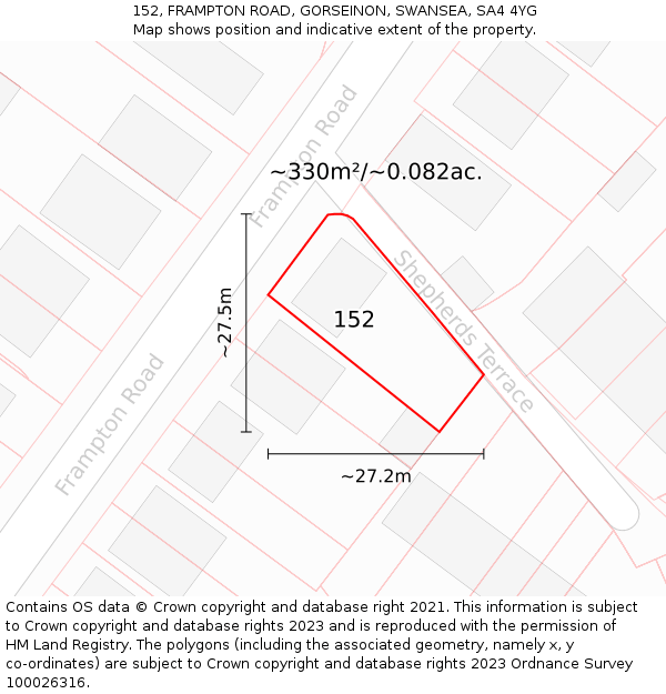 152, FRAMPTON ROAD, GORSEINON, SWANSEA, SA4 4YG: Plot and title map