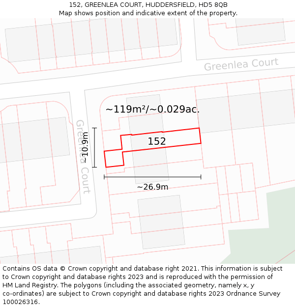 152, GREENLEA COURT, HUDDERSFIELD, HD5 8QB: Plot and title map