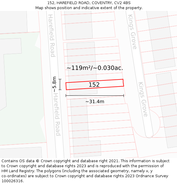 152, HAREFIELD ROAD, COVENTRY, CV2 4BS: Plot and title map